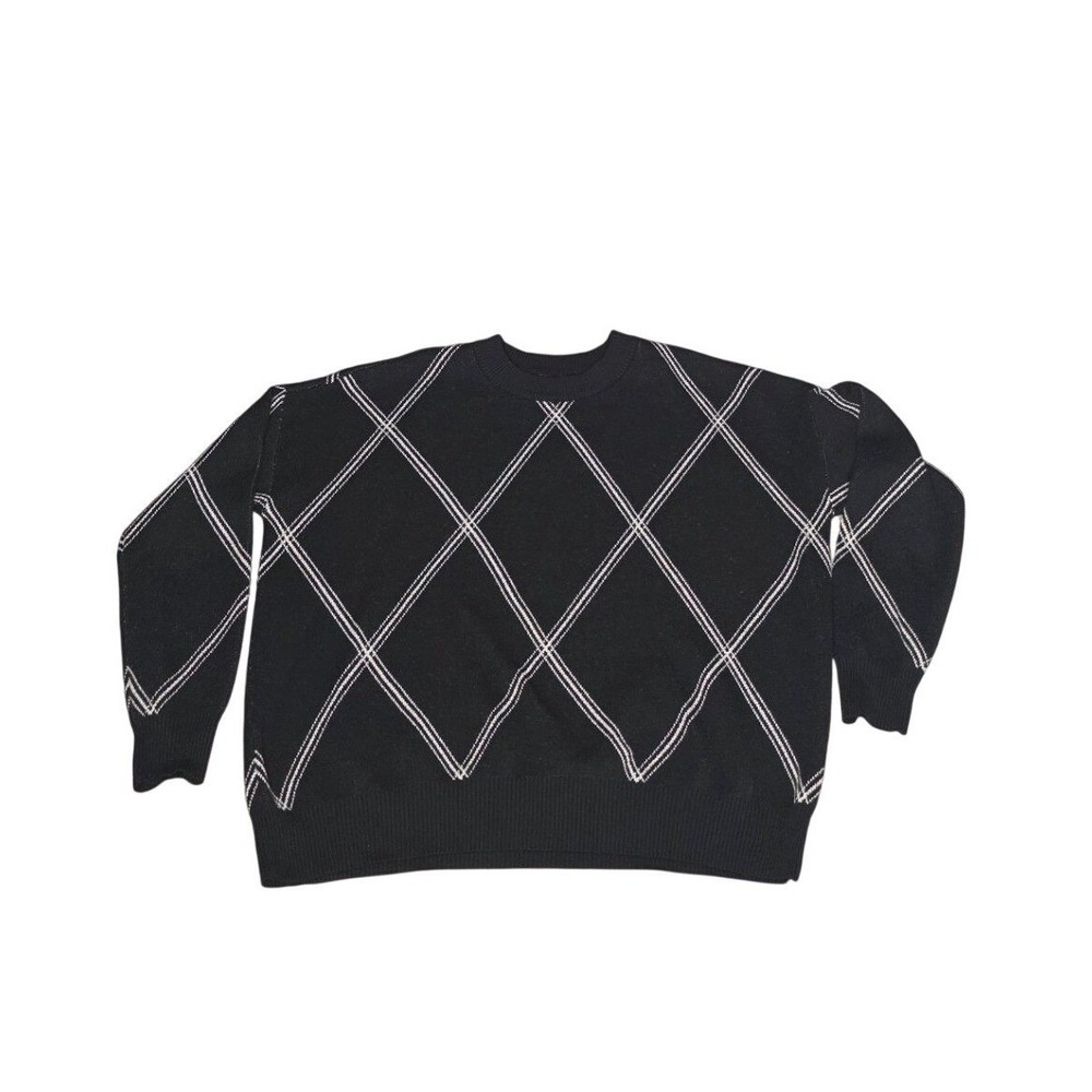 T Tahari Argyle Sweater Women's Size S Black Gray Crew Neck Knit Pullover